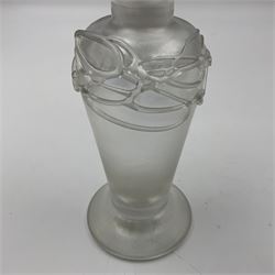 20th Century studio glass Okra Jack in the Pulpit vase, in deep blue with silvered trails, engraved signature, to base, together with David Wallace studio glass opalescent bottle and stopper and vase, Okra vase H30cm