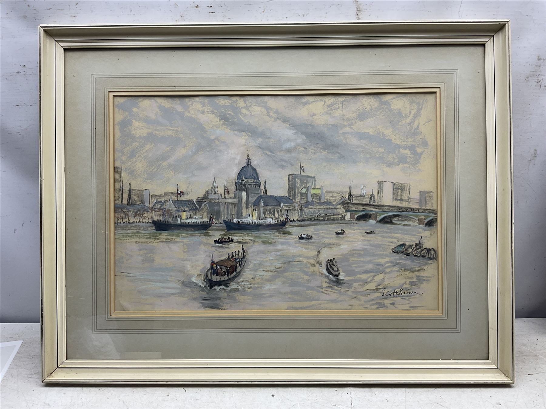 Walter Graham Scott-Brown (British 1887-1987): View Across the Thames, pastel signed in pencil 36cm x 54cm