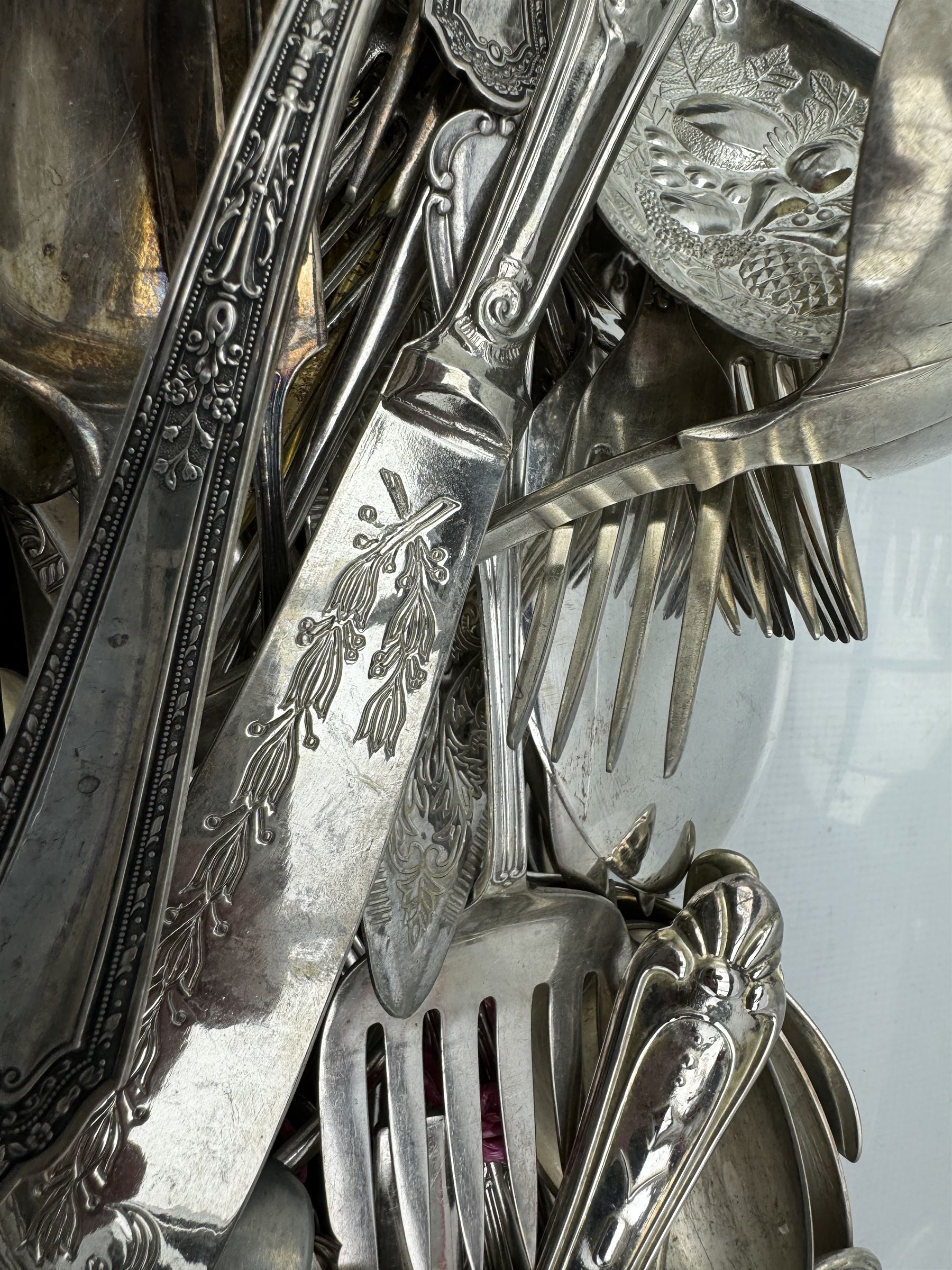 Part service of silver-plated kings pattern cutlery, together with a quantity of 19th century and later silver-plated cutlery in one box