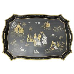 19th century design Chinoiserie style lacquered tray, painted with traditional scenes with figures and pagodas with gilt detail, on a folding simulated bamboo metal stand