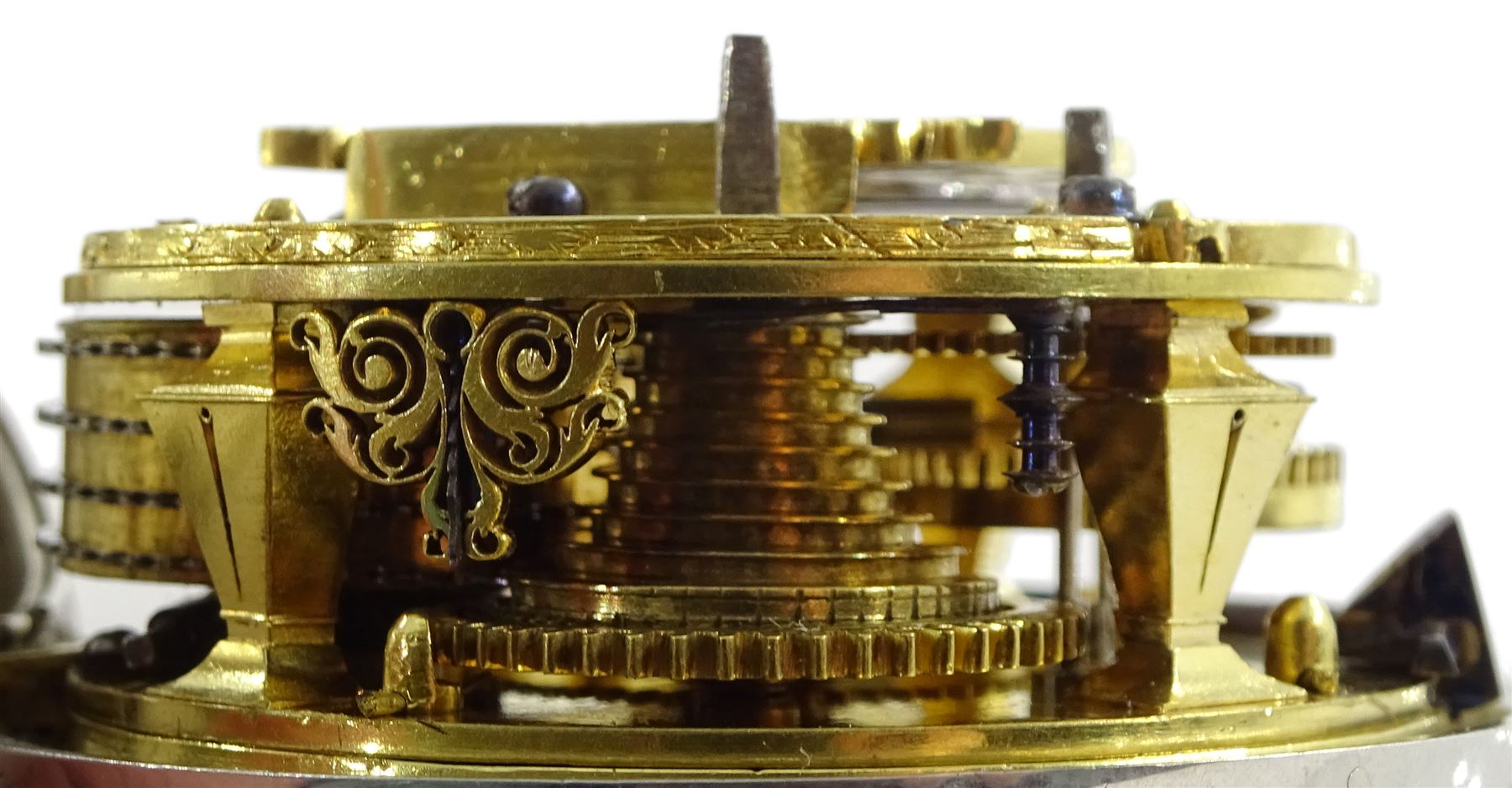 18th century silver pair cased verge fusee pocket watch by John Berry, London, No. 750, Egyptian pillars, pierced and engraved balance cock with scallop shell decoration, silver champleve dial with gilt border, Roman hours and outer Arabic minute ring, steel beetle and poker hands, dial signed Berry London