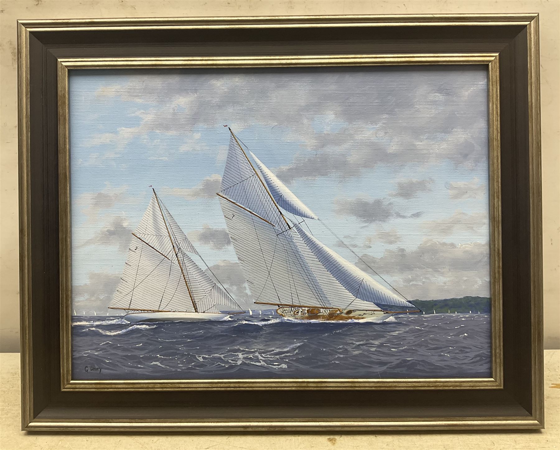 George Drury (British 1950-): 'White Heather II Leads Lulworth - 1927 Season', oil on board signed, titled verso 28cm x 38cm 