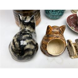 Studio pottery toast rack modelled with sheep, Babbacombe pottery study of a recumbent cat, Japanese vase decorated with warriors, cloisonné, studio pottery vase, German lidded stein etc