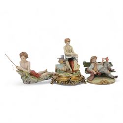 Three Capodimonte figures, including Male artist, Tramp on a Bench, and Boy Fishing, largest H35cm