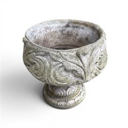Collection of decorative cast stone garden pieces, comprising three graces bird bath, three urn planters, urn base, figure of girl and a Scottie dog (7)
