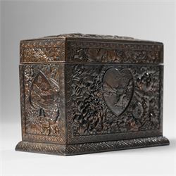 Japanese Meiji period bronze playing card box, decorated with intricate repoussé floral mo...