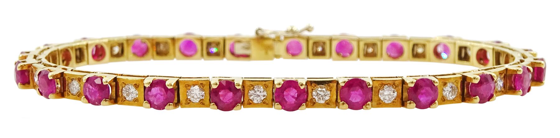 18ct gold ruby and round brilliant cut diamond bracelet, stamped 750, total ruby weight approx 5.75 carat
