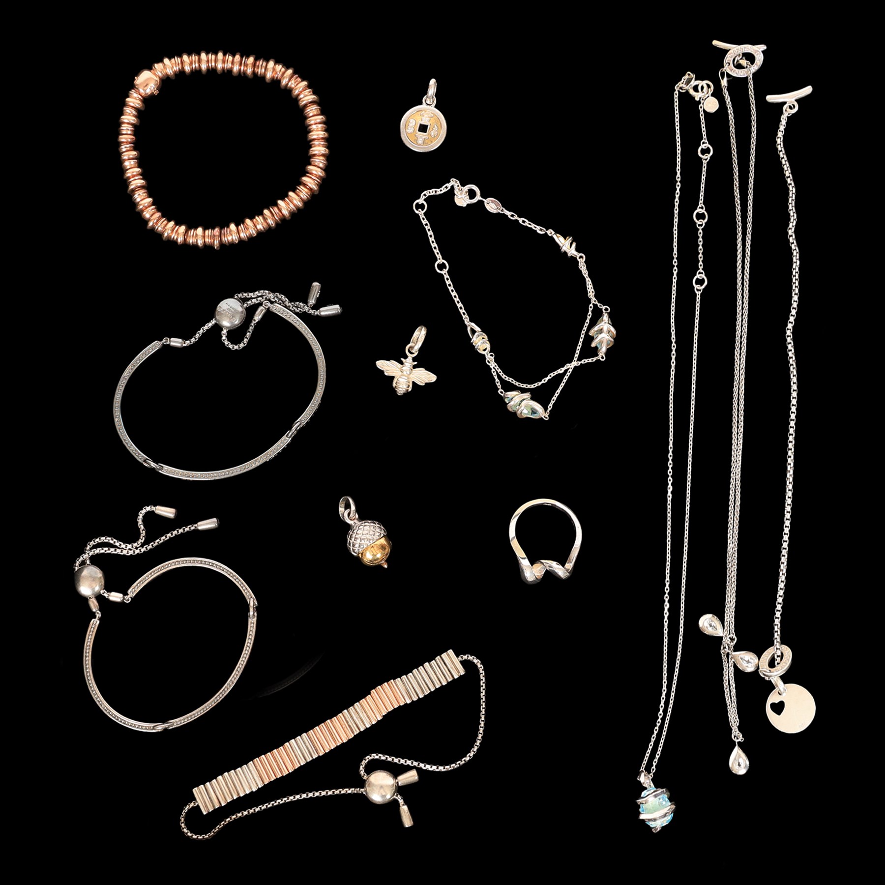 Links of London silver jewellery including rings, friendship bracelets, sweetie necklace, bee charm, acorn charm, bracelets and other necklaces, some stone set