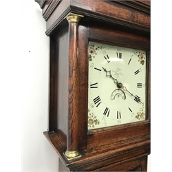 18th century oak cottage longcase clock, projecting cornice of square hood with column piasters, enamel Roman dial signed '(Robert) Apps, Battle', subsidiary calendar aperture, 30-hour movement striking the hours on bell, dial aperture - 27.3cm x 27.3cm, dial- 28cm x 28cm, H193cm (with weight and pendulum)