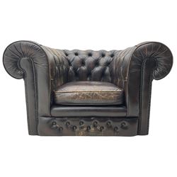 Chesterfield armchair, upholstered in distressed brown buttoned back leather