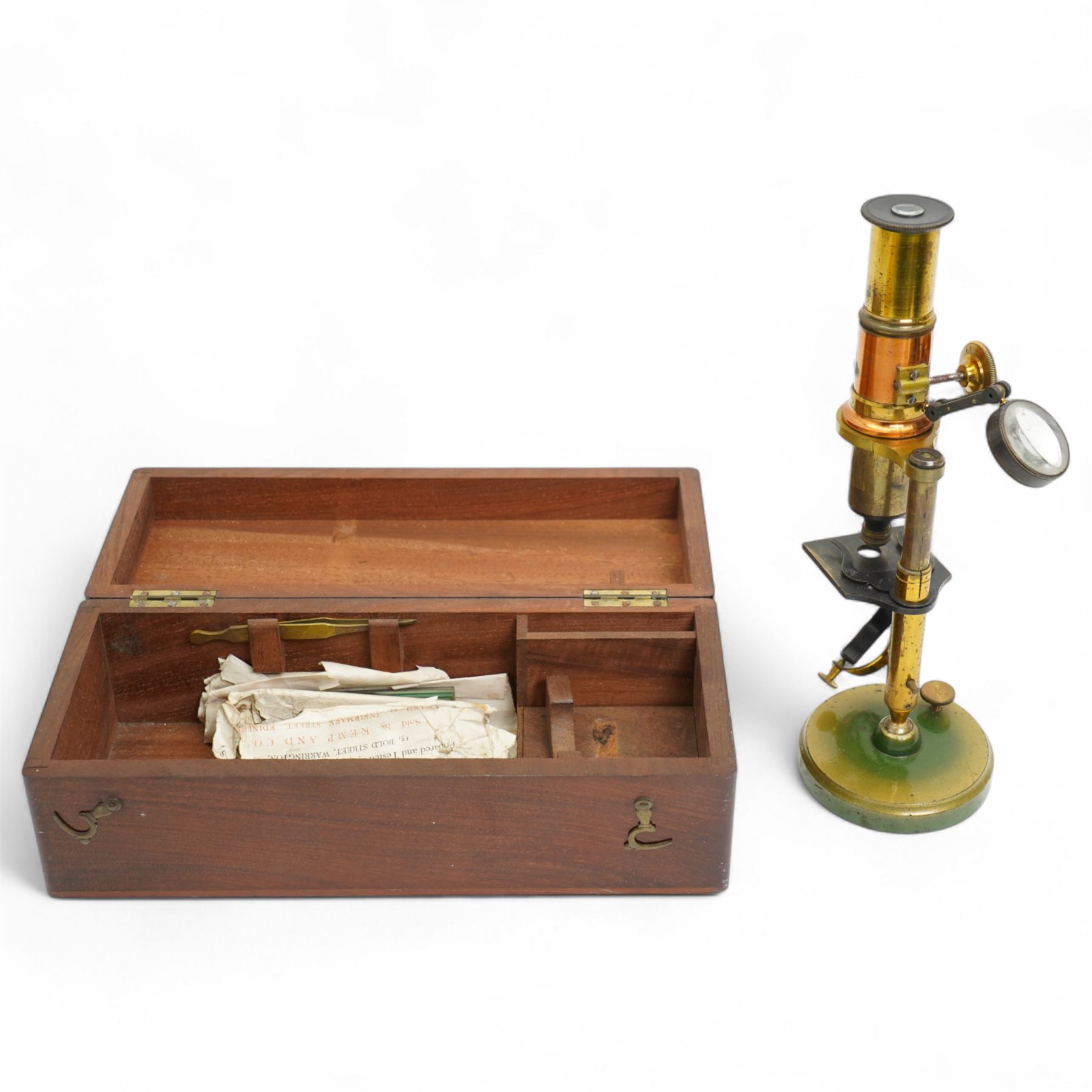 Late 19th century French brass microscope with rack adjustment in mahogany case 26cm x 10cm 