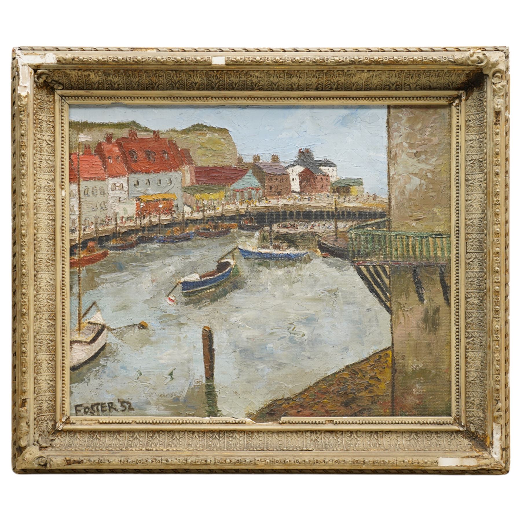 Foster (British mid-20th century): Busy Harbour Scene, oil on bard signed and dated '52, 35cm x 43cm