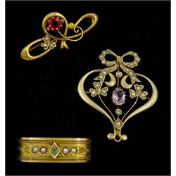 Victorian gold pearl and green stone set brooch, gold amethyst and pearl pendant/brooch, stamped 9ct and one other 9ct gold stone set brooch