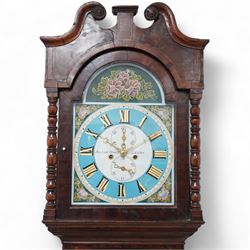 Joseph Scott of Leeds - 8-day oak and mahogany longcase clock c1865, with a swan necked pediment and wooden parterre, break arch hood door flanked by spindle turned pilasters, trunk with reeded quartered columns and a short door with a double spire top, on a deep plinth with crossbanding and raised on bracket feet, painted dial with gold 