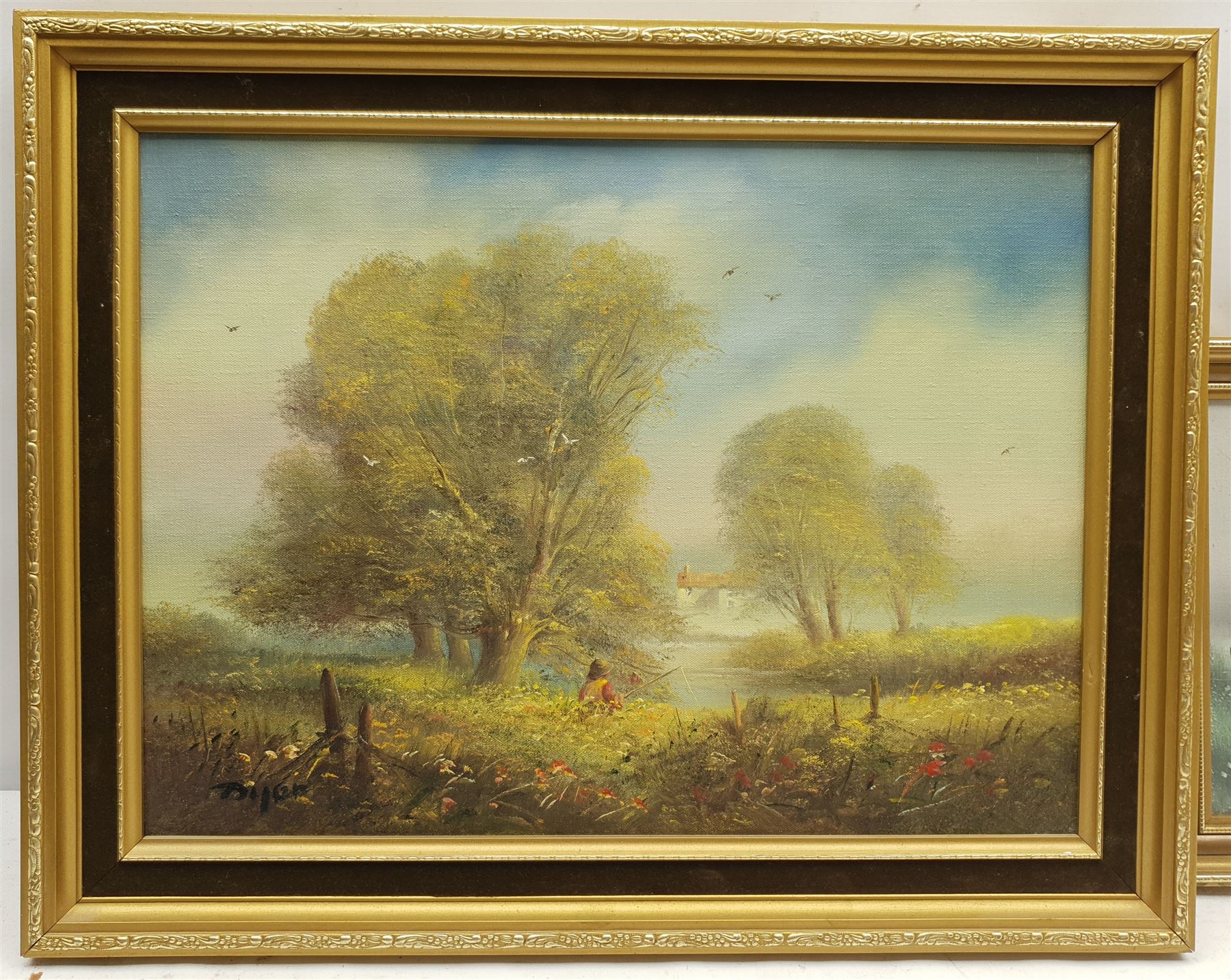 Edward 'Ted' Dyer (British 1940-): Fly Fisherman, oil on canvas signed 39cm x 29cm; Colin Richardson (British 20th century): Boats at Twilight, oil on board signed 32cm x 45cm; Philip Sandee (British 20th century): House by a Meadow, oil on canvas signed 19cm x 25cm (3)