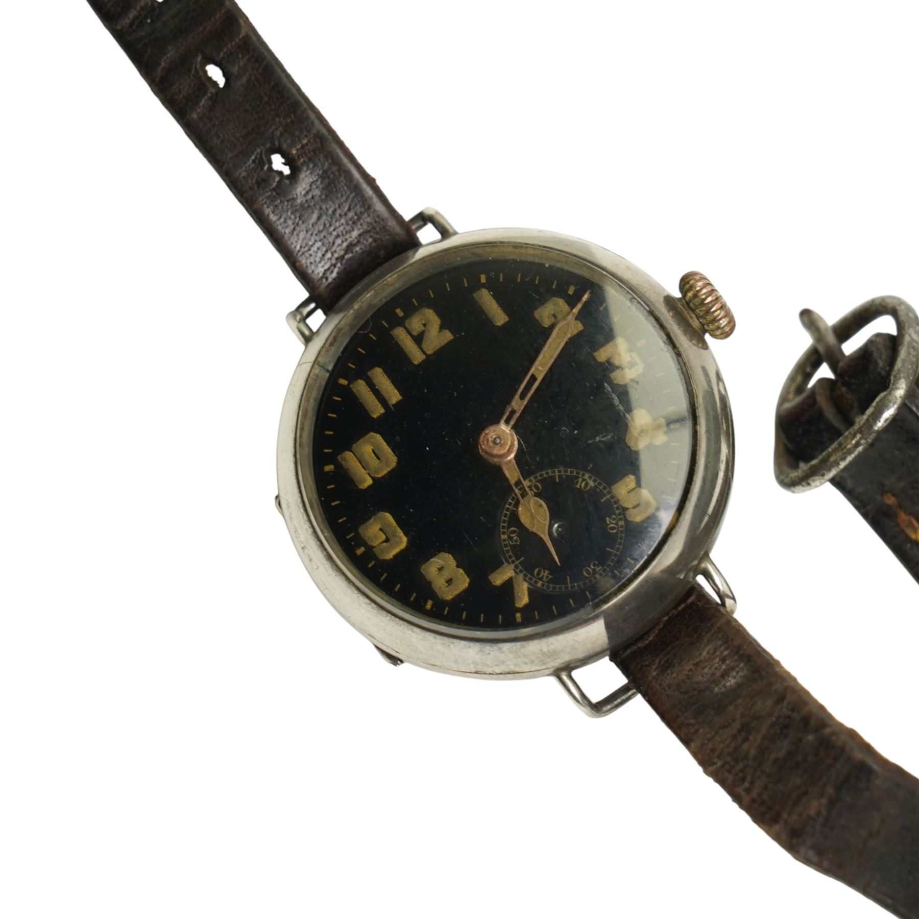 WWI wristwatch in silver case inscribed 'April 4th 1916' and a WWII open faced military G.S.T.P. pocket watch in nickel case