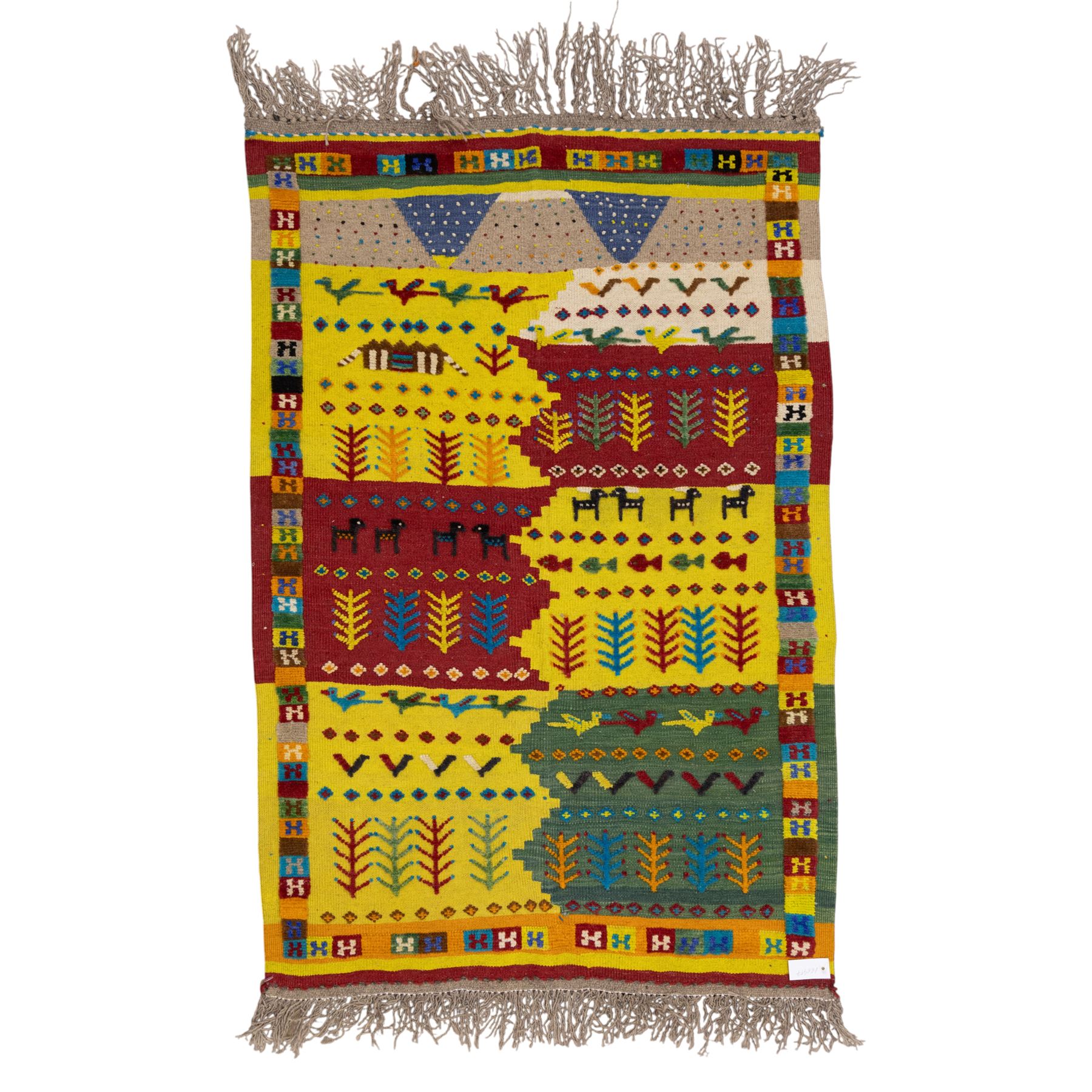 South West Persian Qashqai flatweave kilim, field arranged in bold horizontal bands of saffron yellow, madder red and deep green, decorated stylized tribal motifs including birds, animals, fish and schematic tree devices, composition arranged in a stepped asymmetrical format, with fringe ends 