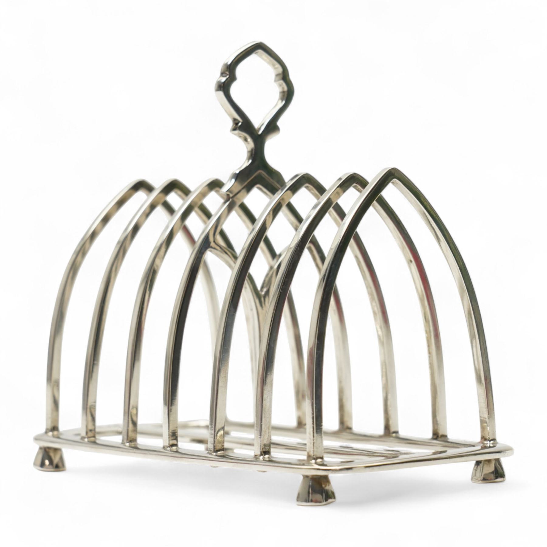 Silver six division toast rack with loop handle and short panel sided supports L13cm Sheffield 1913 Maker Thomas Bradbury & Sons 