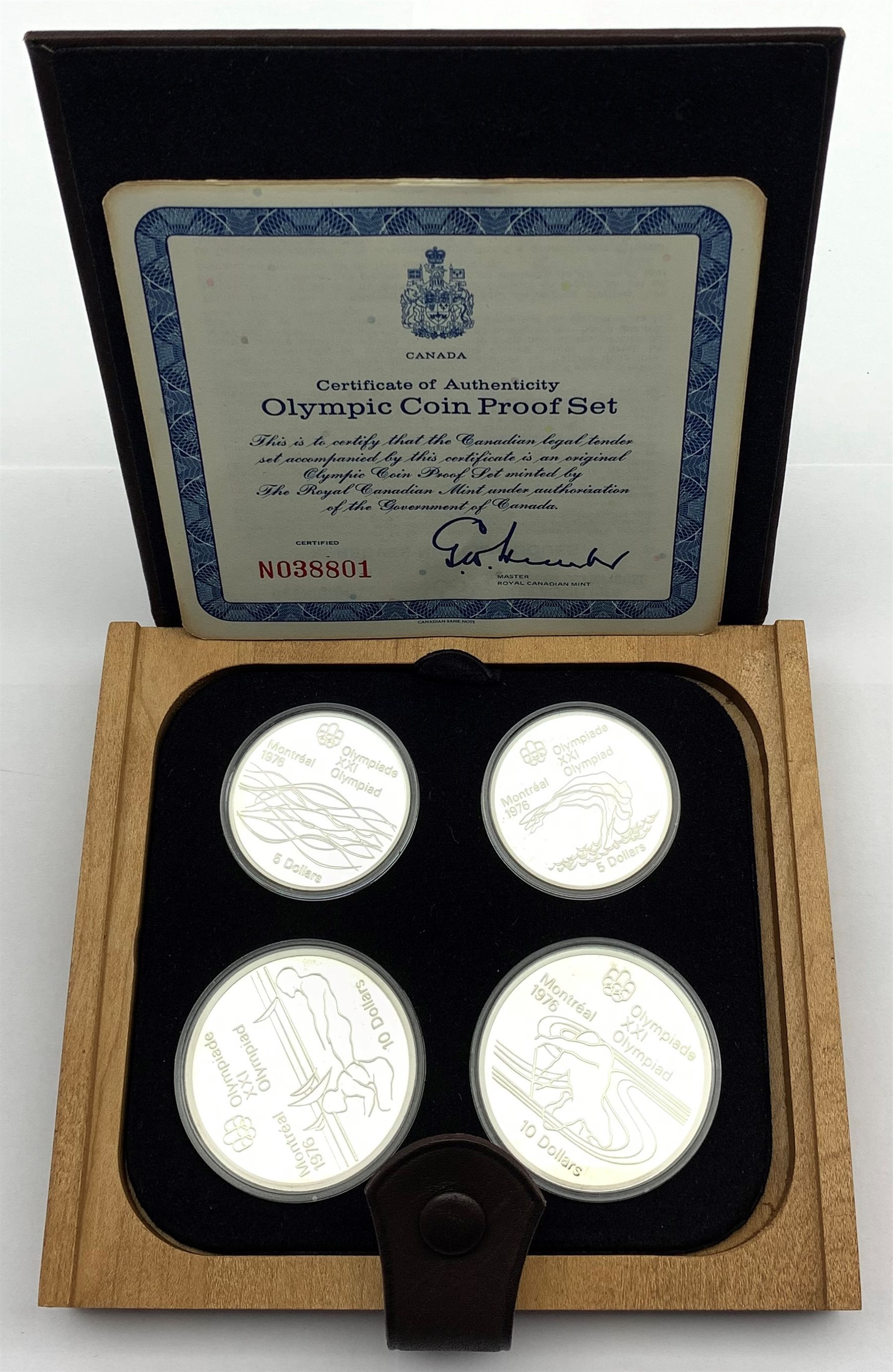 Canada 1972 Olympics sterling silver proof four coin set, cased with certificate and outer box