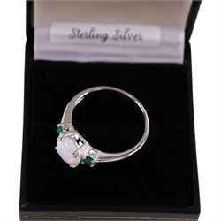 Silver opal and emerald ring, stamped 925, boxed