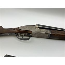 Spanish Denton & Kennell 12-bore side-by-side double barrel sidelock ejector sporting gun with two sets of barrels 70.5cm and 63.5cm, walnut stock with chequered grip and fore-end and thumb safety, serial no.143942, L114cm with longest barrels SHOTGUN CERTIFICATE REQUIRED
