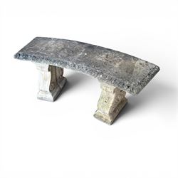 Cast stone three piece garden bench, curved form with detailed top