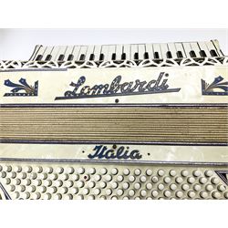 Italian Lambardi piano accordion in ivory coloured pearline case with jewelled decoration, twenty keys and one-hundred and twenty buttons L 37cm