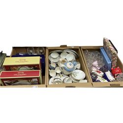 Quantity of ceramics to include boxed Spode Christmas Tree pattern ceramics. Dalton and Old Royal tea wares, together with glassware, cased silver plated metalware etc