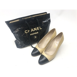  Pair of Chanel cream and black leather heeled court shoes size 39 1/2 with carrier bag  