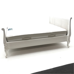 French style white 4’ 6” double bedstead, canework panel head and foot boards (W157cm, H105cm, L200cm with SIlentnigh Superior mattress 