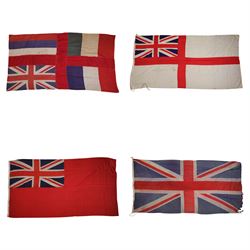 Four large linen ship's flags, including Red Ensign, Union Jack, White Ensign and one othe...