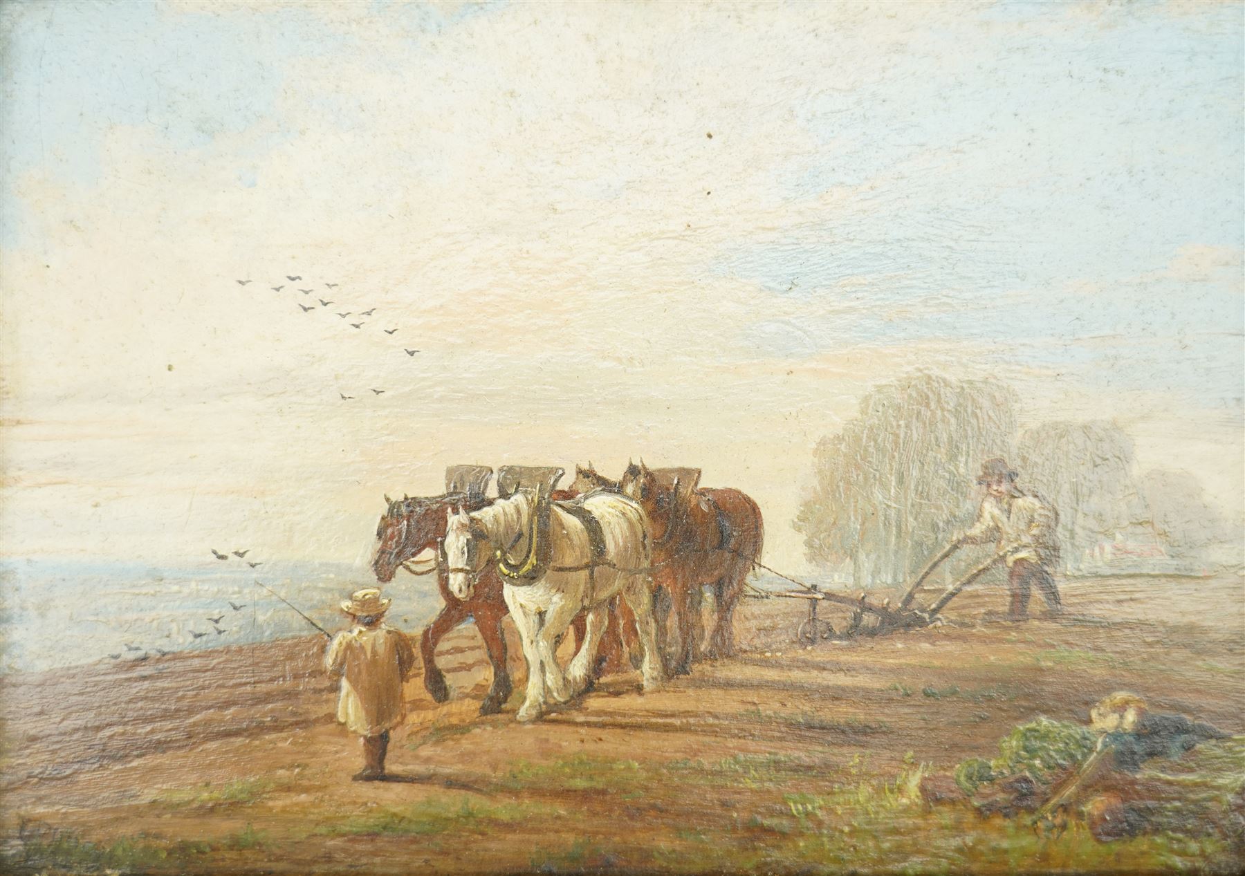 Edward Duncan (British 1803-1882): Ploughing the Fields, oil on panel signed 13.5cm x 20cm