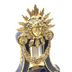  V&A Marie-Antoinette sun king gilt metal mounted porcelain mantle clock, with jeweled bezel and white Roman dial, half hour  movement striking on a bell, H39cm   