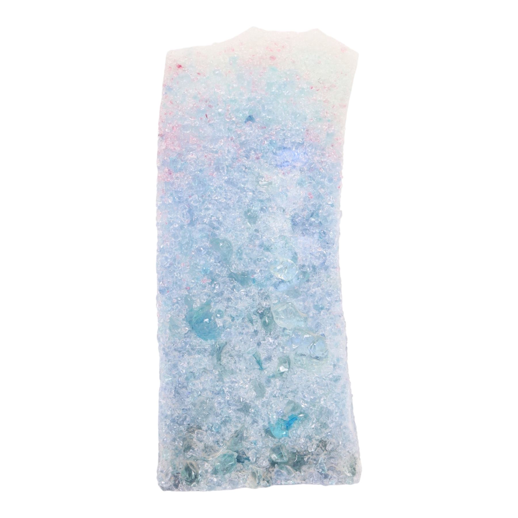 Art glass sculpture by Patrick Stern, crystallised sea theme body with rectangular & shell shaped inclusions to the reverse, signed to base, H29cm