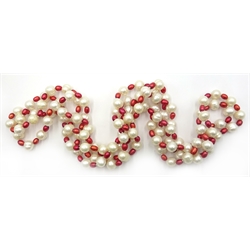  Long red and white freshwater pearl necklace, 156cm  