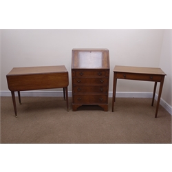  Georgian style mahogany bureau, fall front enclosing fitted interior, four graduating drawers, shaped bracket supports (W62cm, H104cm, D42cm) a mahogany Pembroke drop leaf table, single drawer to end (W91cm, H71cm, D103cm) and a mahogany side table, single drawer, square tapering supports (W78cm, H74cm, D49cm) (3)  
