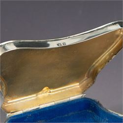 Early 20th century silver mounted jewellery box, with curved front and embossed palmette rim, opening to revel padded interior with weighted base, hallmarked A & J Zimmerman Ltd, Birmingham 1911, H3cm, W11cm