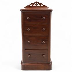 Pair of tall Victorian mahogany bedside chests, of narrow upright form, rectangular top with moulded edge, the back with raised pierced fretwork gallery, above four graduated drawers with knob handles, raised on a plinth base 