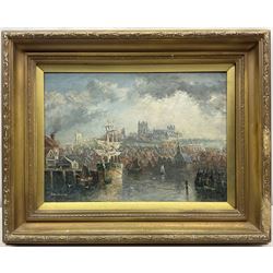 Richard Weatherill (British 1844-1913): Whitby Harbour and Abbey from Dock End, oil on canvas signed 25cm x 35cm