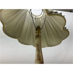 Floor lamp with brass and onyx central column, together with a table lamp, both with pleated pale blue fabric shades, largest H160cm approx incl shade