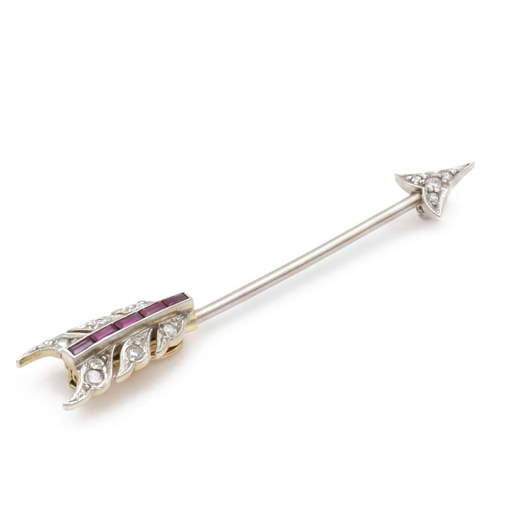 Early 20th century 18ct gold and platinum diamond and ruby arrow brooch