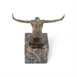 Bronze figure after Milo, a 'Power Of Silence', modelled as a male athlete crouched with arms outstretched upon a marble plinth, signed Milo, H15cm