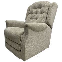 Pride Mobility - contemporary 'Hudson Range' rise and recliner armchair, upholstered in buttoned back foliate patterned oatmeal fabric 