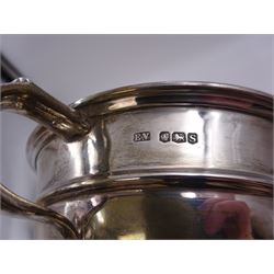 Modern silver twin handled porridge bowl, of circular waisted form, engraved with initials to body, with capped C handles and upon a spreading circular foot, hallmarked Viner's Ltd, Sheffield 1960, H6.2cm