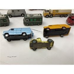 Dinky - thirteen unboxed and playworn die-cast commercial vehicles including two Supertoys 20-Ton Lorry-Mounted Cranes; Leyland Octopus Tanker; Fire Engine No.955; Extending Mast Vehicle No.969; two TV Roving Eye Vans No.968; three Ford Transit Vans; Brinks Armoured Car No.275; etc