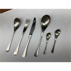 Old Hall Alveston pattern cased canteen, designed by Robert Welch, setting for eight, comprising dinner forks, dinner knives, dessert forks, dessert knives, tea spoons, coffee spoons, soup spoons, dessert spoons, pair of serving spoons and pair of smaller serving spoons