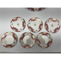 Shelley Classic pattern tea service for six, decorated with borders of pink and gilt foliate design on plain white ground, pattern no 14077, comprising eight saucers, six tea plates, cake plate, eight teacups, bowl and jug, all with printed marks beneath