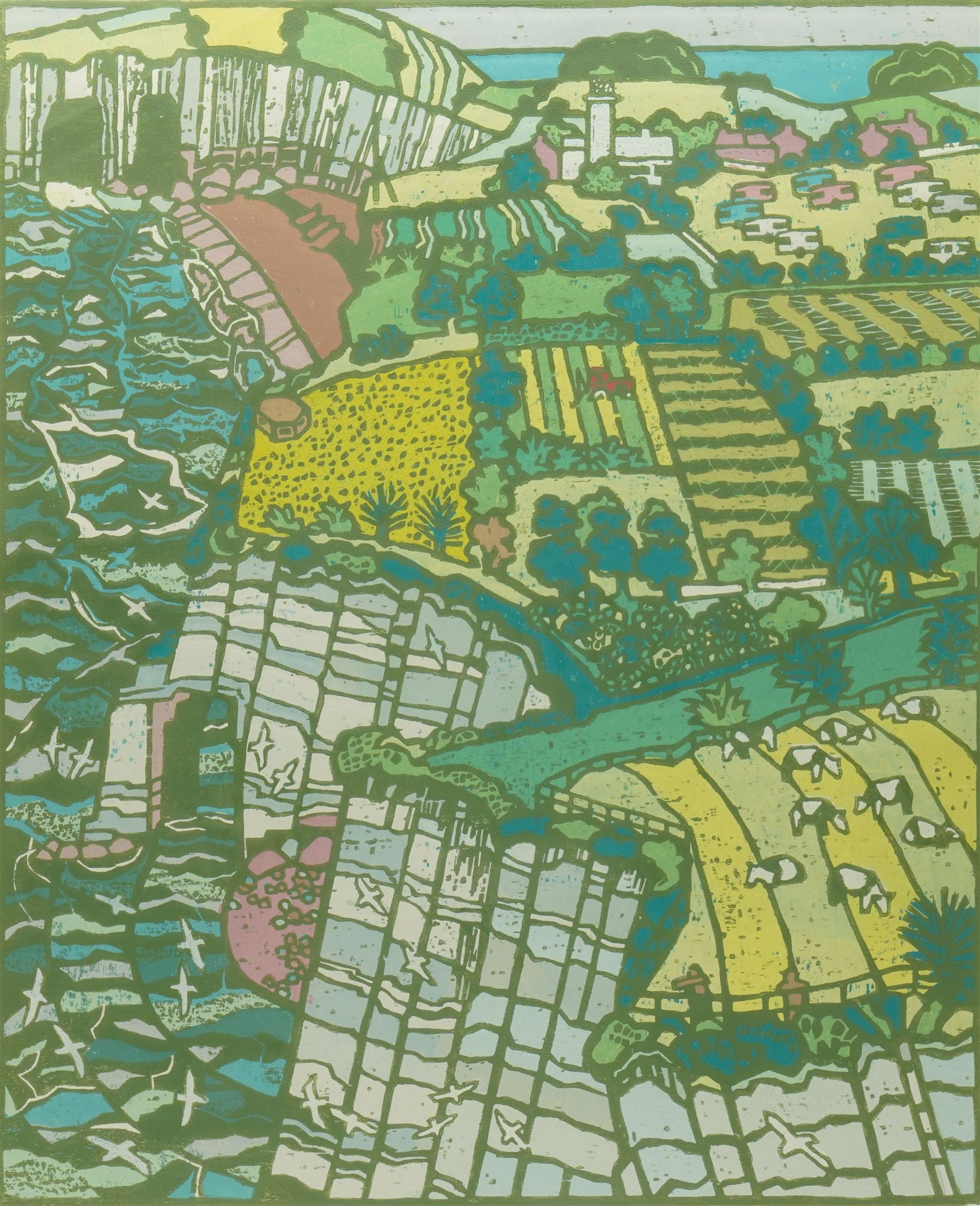 Anthony Ratcliffe (British 1954-): 'Bempton' East Riding, woodblock print in colours signed titled dated '89 and numbered 7/10 in pencil 74cm x 61cm