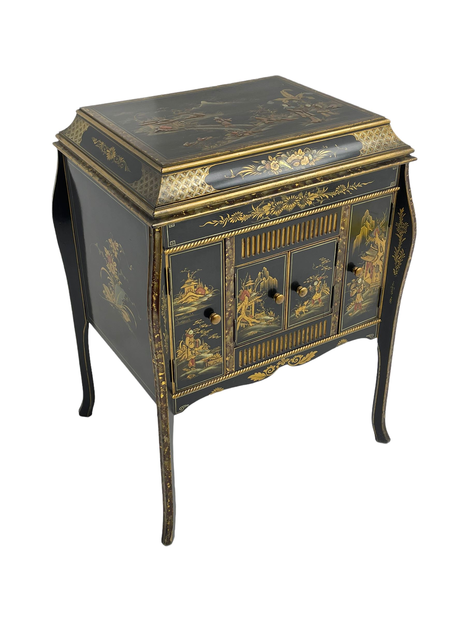 Early 20th century Chinoiserie lacquered gramophone cabinet, the lid decorated with raised gilt work, traditional landscape and figural scenes, fitted with 'Apollo' 'No. 114' gramophone, cupboards below, on cabriole supports