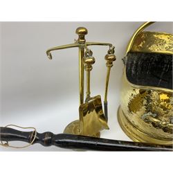 Brass coal bucket, together with small group of fireside accessories, brass skillet pan, bell, and copper bed warming pan, in one box 